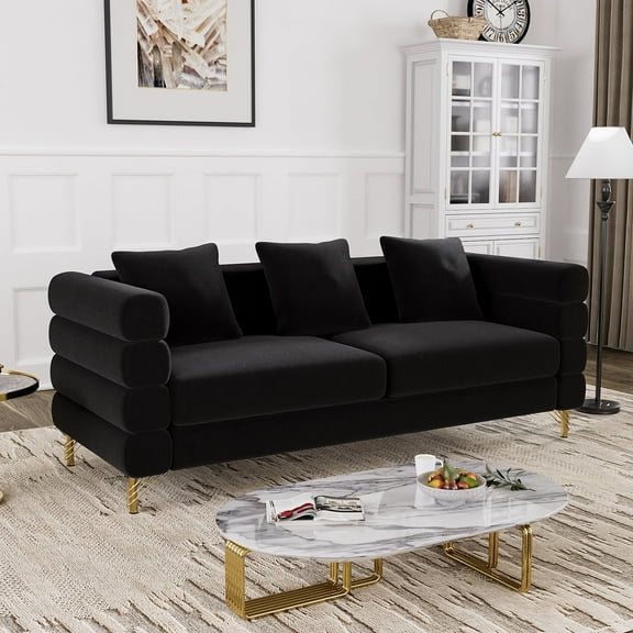Wiilayok 79" Velvet Loveseat Sofa,3 Seater Sofa Couch with Deep Seat,Gold Leg,Upholstered Cloud Sofa Couches for Living Room,Bedroom, Apartment,Black