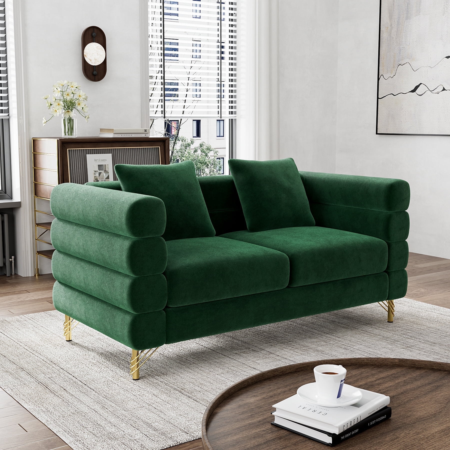 Wiilayok 59" Velvet Cloud Couch, 2 Seater Deep Seat Sofa Couches with Gold Legs,Pillows,Modern Loveseat Sofa for Living Room Bedroom Office Apartment,Emerald Green