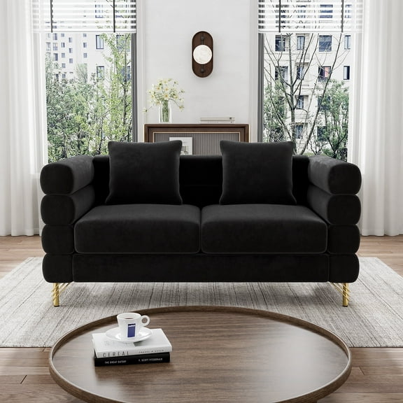 Wiilayok 59 inch 2 Seater Sofa Couch,Comfy Velvet Upholstered Loveseat Sofa with Deep Seat Design,Pillows and Gold Legs for Living Room, Bedroom, Apartment,Black