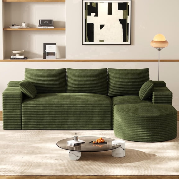 Wiilayok Corduroy Modular Cloud Couch, 108" L Shaped Sectional Sofa with Curved Ottoman, Deep Seat for Living Room Apartment, ,No Assembly, Olive Green