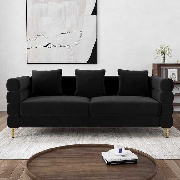 Wiilayok 79" Velvet Cloud Couch,3 Seater Deep Seat Sofa Couches with Gold Legs,Pillows,Modern Oversized Loveseat for Living Room,Office Apartment,Black