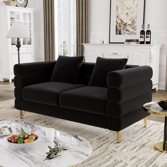Wiilayok 59" Velvet Loveseat Sofa,2 Seater Sofa Couch with Deep Seat,Gold Leg,Upholstered Cloud Loveseat Sofa for Living Room,Bedroom, Apartment,Black