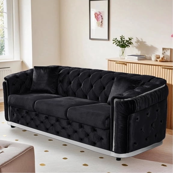 Wiilayok 84.6" Velvet Button Tufted Sofa,Mid-Century Classic Chesterfield Sofa Couch with Thick Backrest&Armrest,Silver Steel Accents,3 Seat Sofa Couches for Living Room,Black