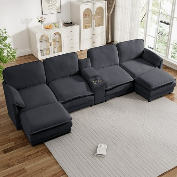 Wiilayok U Shaped Sectional Sofa,161" Oversized Modular Cloud Couch Sofa with 2 Ottoman and Extra Deep Seat for Living Room,4 Seater Modern Chenille with Central Console USB Port, Grey