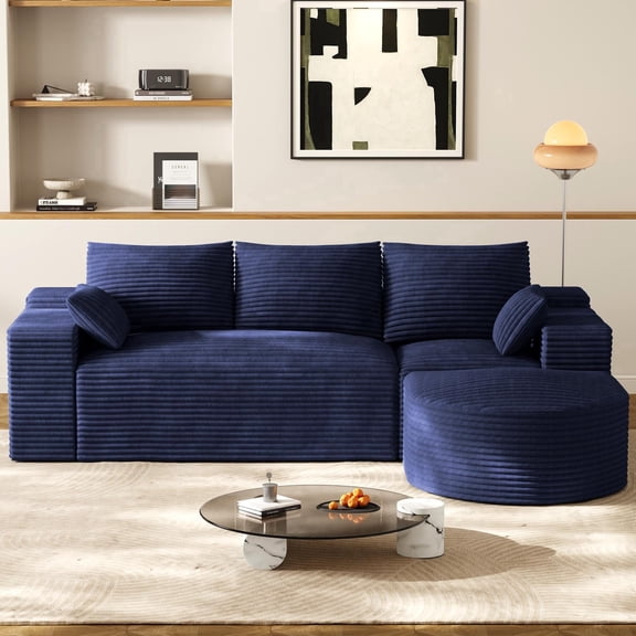 Wiilayok Corduroy Modular Cloud Couch,108" L Shaped Sectional Sofa Couches with Ottoman,Deep Seater,Comfy Blue Sofa for Living Room Bedroom,No Assembly