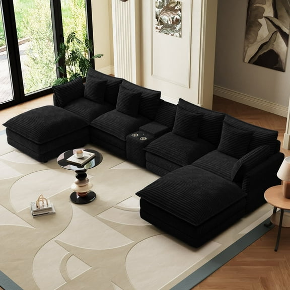 Wiilayok 143" Modular Sofa Set,Large Corduroy U Shaped Sectional Sofa with Ottoman,Central Console,Cup Holder,6 Seater Deep Seat Couch for Living Room Furniture,Black