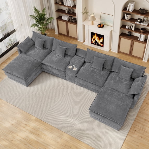 Wiilayok 145" Modular Sofa Set,Large Chenille U Shaped Sectional Sofa with Ottoman,Central Console,Cup Holder,6 Seater Deep Seat Couch for Living Room Furniture,Gray