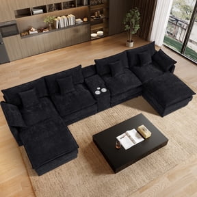 Wiilayok 145" U Shaped Sectional Sofa,Chenille Cloud Modular Sectional Sofa Couch Set with Double Chaise,Central Console,Cup Holder for Living Room,Dark Black