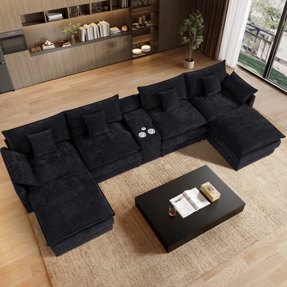Wiilayok 145" U Shaped Sectional Sofa,Chenille Cloud Modular Sectional Sofa Couch Set with Double Chaise,Central Console,Cup Holder for Living Room,Dark Black