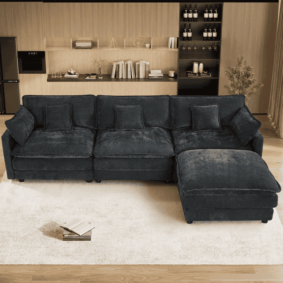Wiilayok 115.5" Modular Sofa Set,Chenille L Shaped Sectional Sofa with Ottoman,4 Seater Deep Seat Sofa for Living Room Bedroom,Cloud Couch,Black