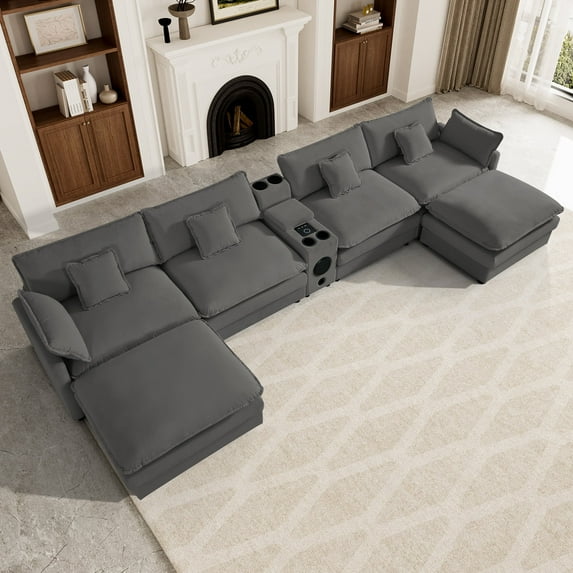 Wiilayok 162.6" U Shaped Sectional Sofa,Velvet Cloud Modular Sectional Sofa Couch Set with Double Chaise,Central Console,Cup Holder for Living Room,Gray