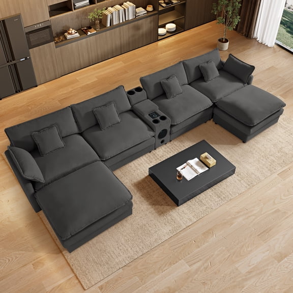 Wiilayok 162.6" U Shaped Sectional Sofa,Velvet Cloud Modular Sectional Sofa Couch Set with Double Chaise,Central Console,Cup Holder for Living Room,Gray