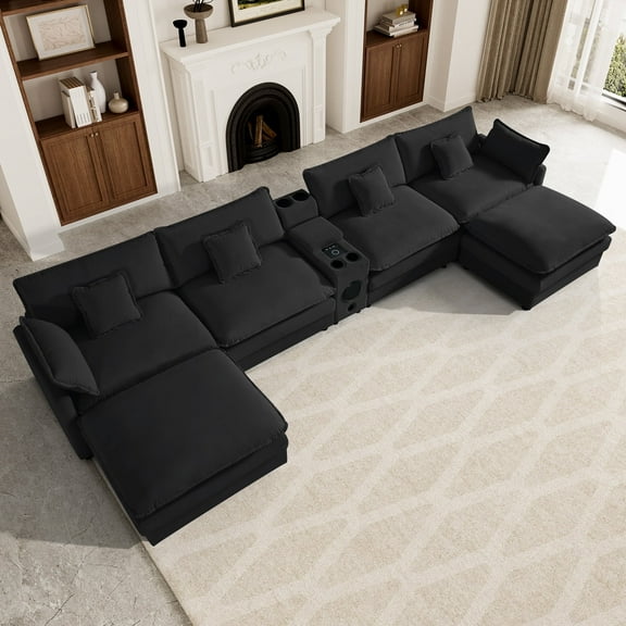 Wiilayok 163.2" U Shaped Sectional Sofa,Velvet Cloud Modular Sectional Sofa Couch Set with Double Chaise,Central Console,Cup Holder for Living Room,Black