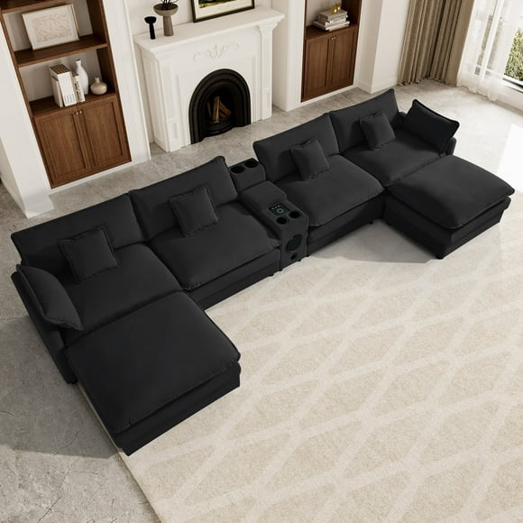 Wiilayok 163.2" U Shaped Sectional Sofa,Velvet Cloud Modular Sectional Sofa Couch Set with Double Chaise,Central Console,Cup Holder for Living Room,Black