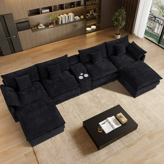 Wiilayok 164" Oversized Modular Sofa Set,Large Chenille U Shaped Sectional Sofa with Ottoman,Central Console,Cup Holder,6 Seater Deep Seat Couch for Living Room Furniture,Black