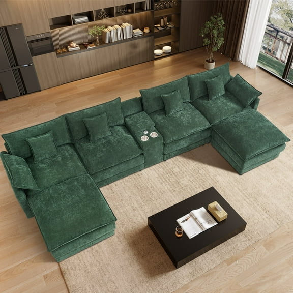 Wiilayok 164" Oversized Modular Sofa Set,Large Chenille U Shaped Sectional Sofa with Ottoman,Central Console,Cup Holder,6 Seater Deep Seat Couch for Living Room Furniture,Green
