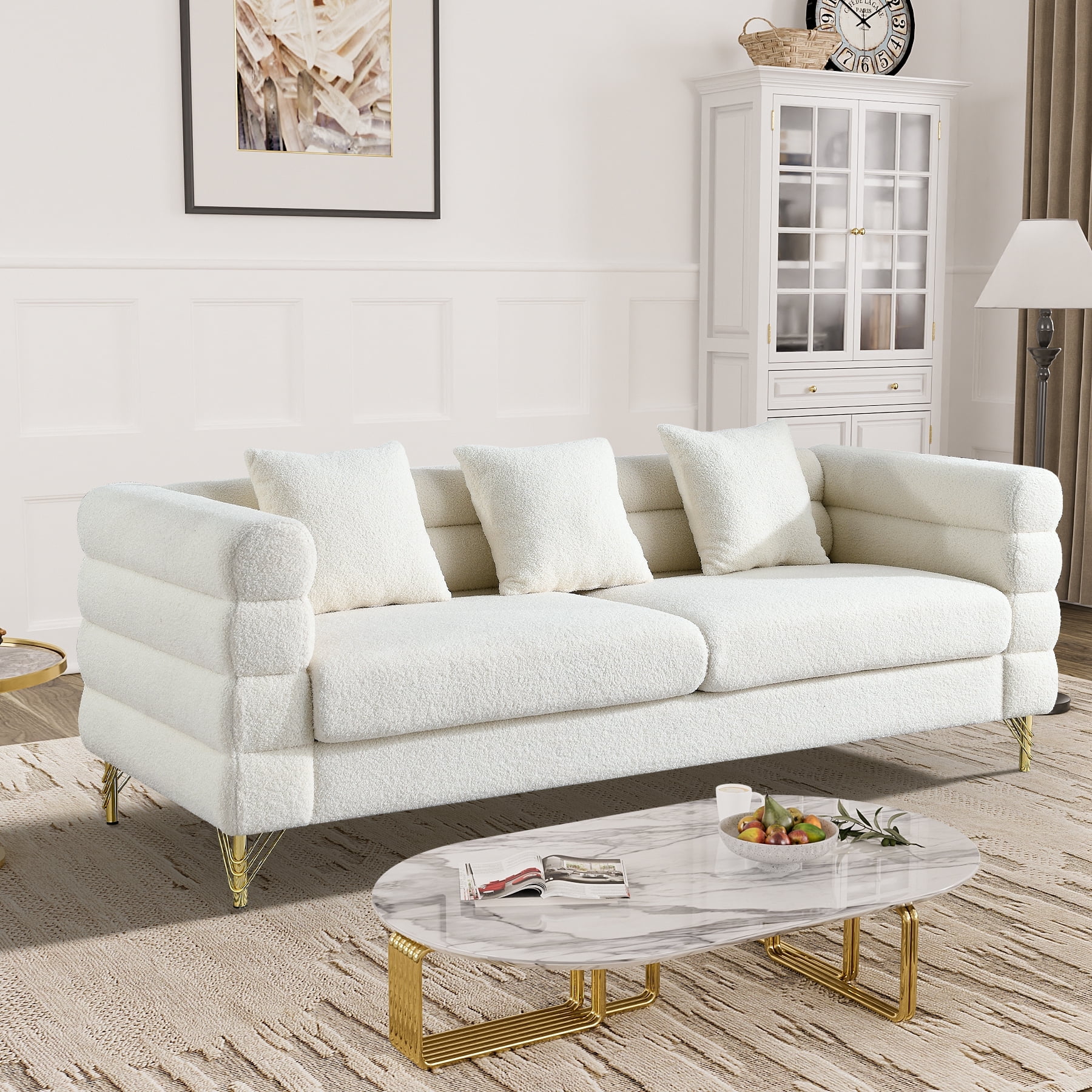 Ouyessir Modern Teddy Comfortable Upholstered Boucle Sofa with Pillows, White