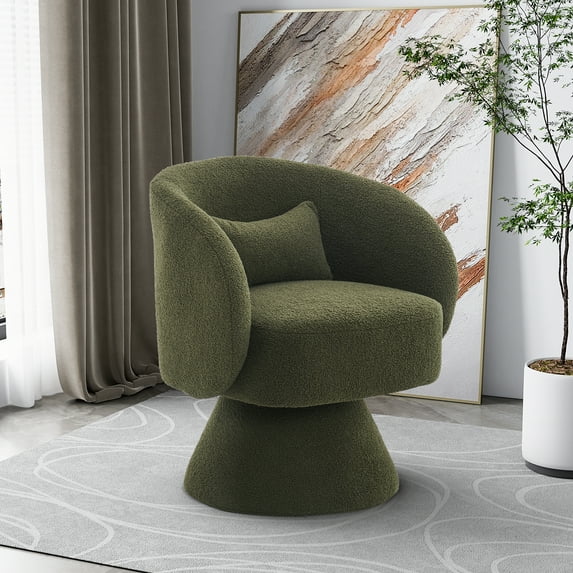 Wiilayok Swivel Barrel Chair, Teddy Fabric Accent Armchairs Comfy 360° Swivel Lounge Sofa Armchair for Reading Living Room Bedroom Nursery,Olive Green