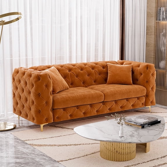 Wiilayok 75" Upholstered Tufted Sofa, Velvet 3 Seater Sofa Couch with Gold Legs,2 Pillows,Chesterfield Sofa Couch for Living Room, Orange