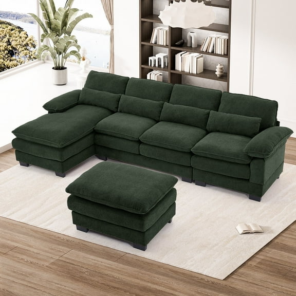 Wiilayok 114" U Shaped Sectional Sofa with Chaise Lounge and Ottoman,Chenille Modular Sectional Sofa Couch for Living Room,Dark Green