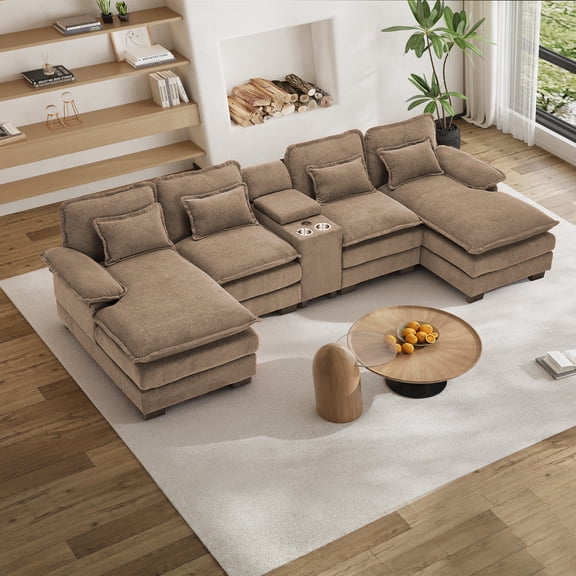 Wiilayok 133" U Shaped Cloud Couch Modular Sectional Couches for Living Room Fluffy Chenille Deep Seat Sofa Set with Double Chaise Lounge, Storage Central Console, Cup Holders, USB Port, Light Brown