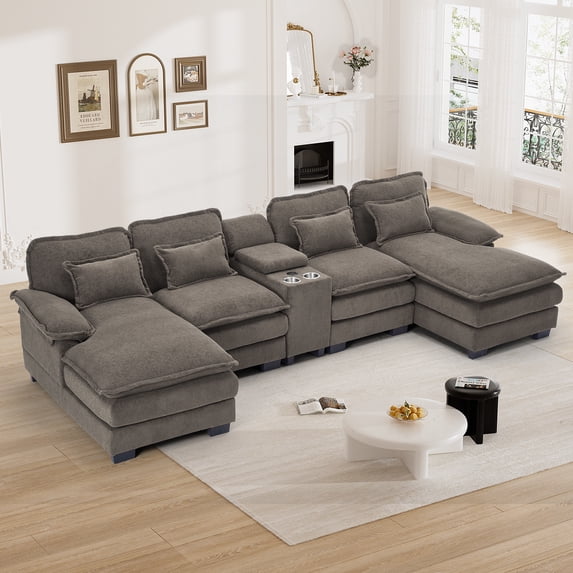 Wiilayok 124" U Shaped Cloud Couch Modular Sectional Couches for Living Room Fluffy Chenille Deep Seat Sofa Set with Double Chaise Lounge, Storage Central Console, Cup Holders, USB Port, Stone Gray