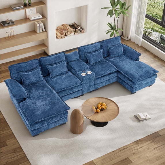 Wiilayok 133" U Shaped Cloud Couch Modular Sectional Couches for Living Room Fluffy Chenille Deep Seat Sofa Set with Double Chaise Lounge, Storage Central Console, Cup Holders, USB Port, Dark Blue