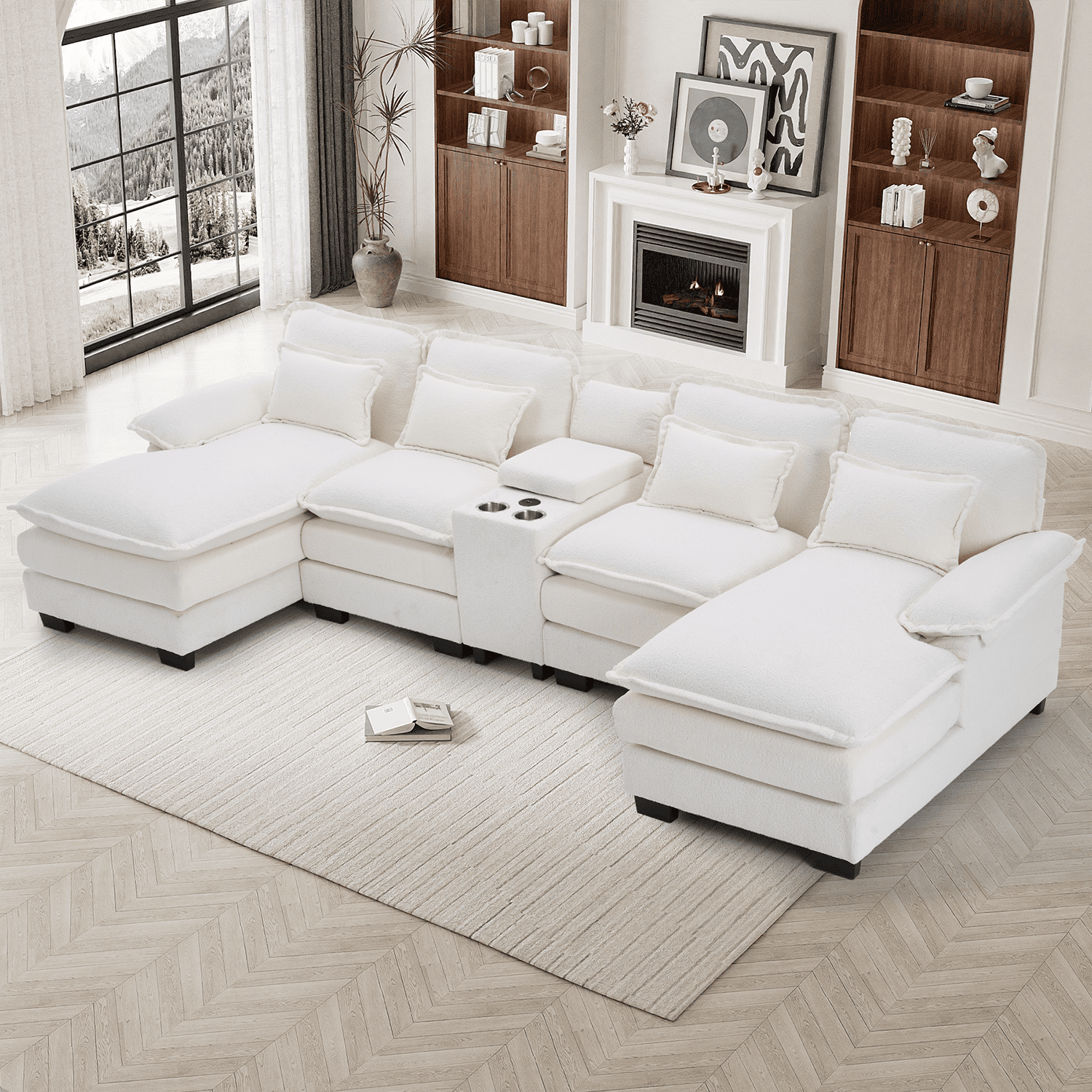 Wiilayok 133" U Shaped Cloud Couch Modular Sectional Couches for Living Room Fluffy Chenille Deep Seat Sofa Set with Double Chaise Lounge, Storage Central Console, Cup Holders, USB Port, Beige White