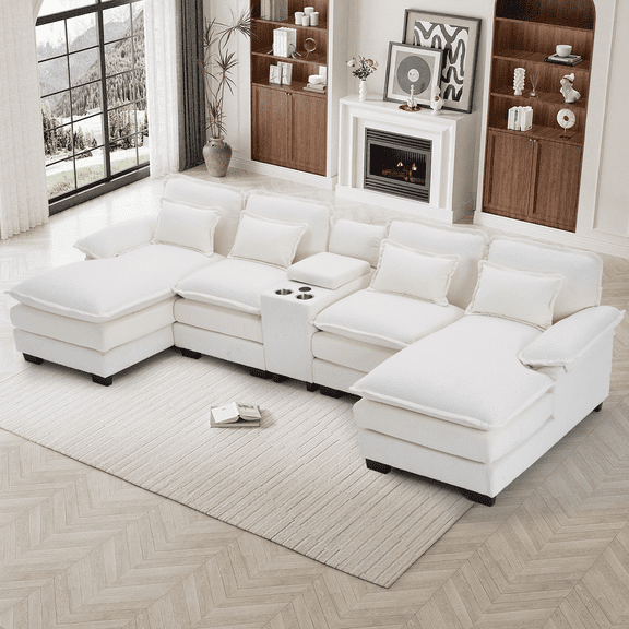 Wiilayok 133" U Shaped Cloud Couch Modular Sectional Couches for Living Room Fluffy Chenille Deep Seat Sofa Set with Double Chaise Lounge, Storage Central Console, Cup Holders, USB Port, Beige White
