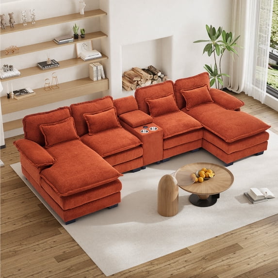 Wiilayok 133" U Shaped Cloud Couch Modular Sectional Couches for Living Room Fluffy Chenille Deep Seat Sofa set w/ Double Chaise Lounge, Storage Central Console, Cup Holders, USB Port, Sunset Orange