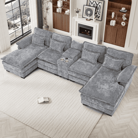 Wiilayok U Shaped Cloud Couch Modular Sectional Sofa 133" Extra Deep Fluffy Chenille Double Chaise Lounge, Central Console w/ Dual USB-C & A Ports, Storm Gray