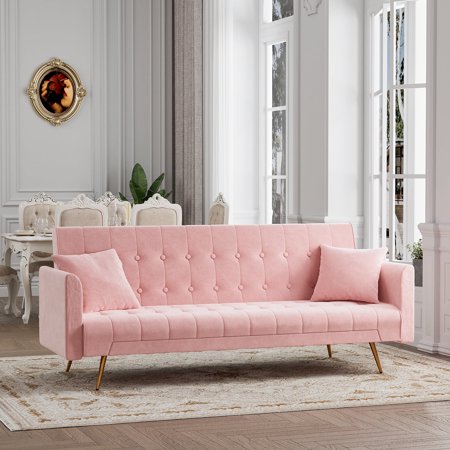 Ouyessir Multifunctional Velvet Sofa Bed,71in Convertible Folding Upholstered Futon Couch with 2 Pillows for Living Room Bedroom,Pink
