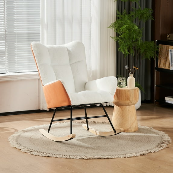 Ouyessir Nursery Rocking Chair Teddy Fabric Upholstered Glider Rocker Comfy Accent Chair with High Backrest for Living Room Bedroom Office(White+Orange Leathaire)