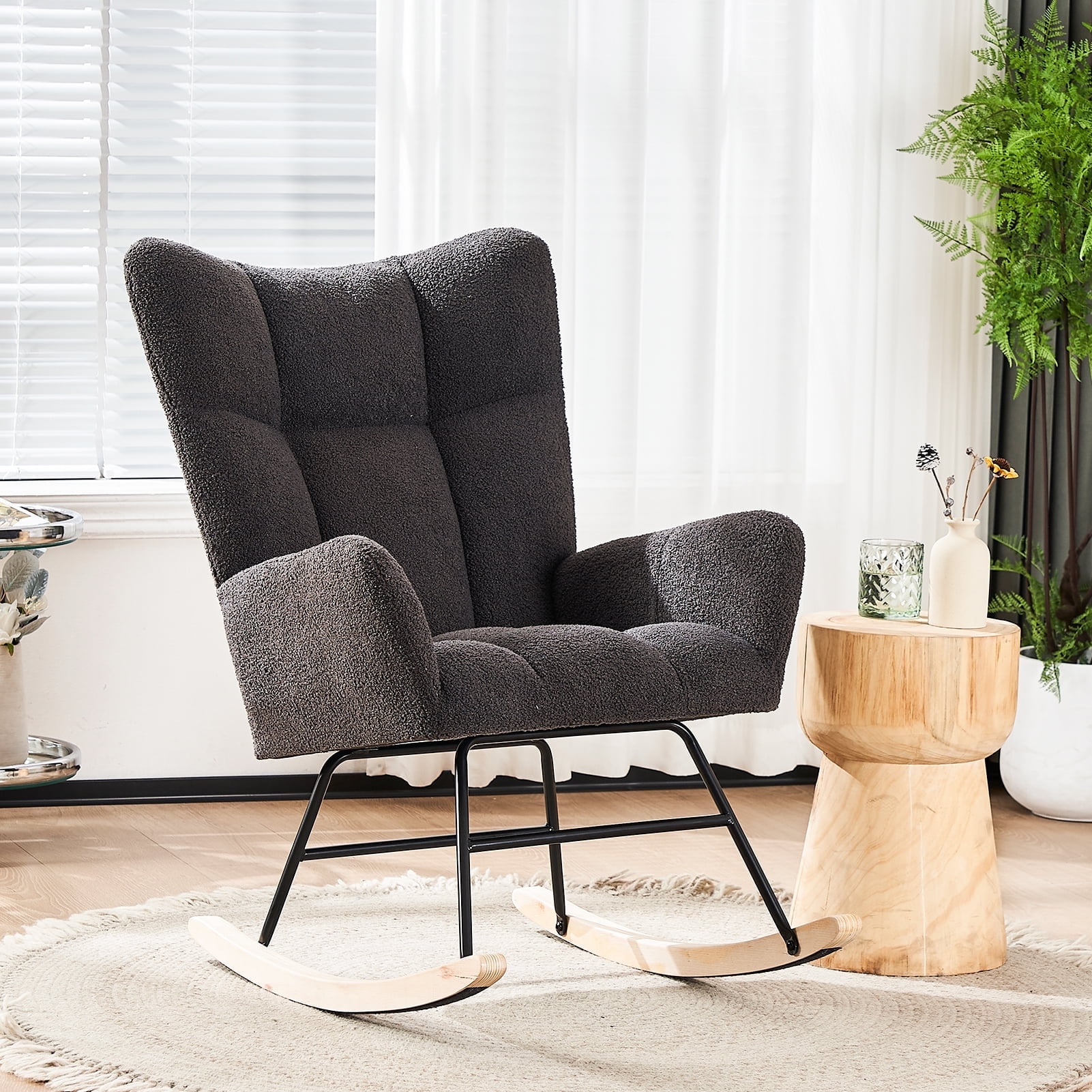 Ouyessir Nursery Rocking Chair Teddy Fabric Upholstered Glider Rocker Comfy Accent Chair with High Backrest for Living Room Bedroom Office(Dark Gray)