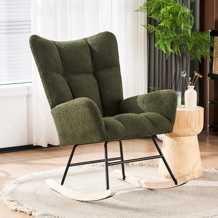 Ouyessir Nursery Rocking Chair Teddy Fabric Upholstered Glider Rocker Comfy Accent Chair with High Backrest for Living Room Bedroom Office(Dark Green)