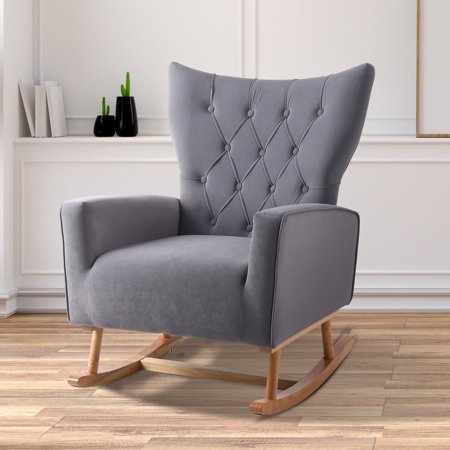 Ouyessir Nursery Rocking Chair Velvet Upholstered Glider Rocker Comfy Accent Chair with Solid Wood Base and High Backrest for Living Room Bedroom