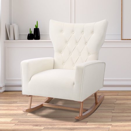 Ouyessir Nursery Rocking Chair Velvet Upholstered Glider Rocker Comfy Accent Chair with Solid Wood Base and High Backrest for Living Room Bedroom