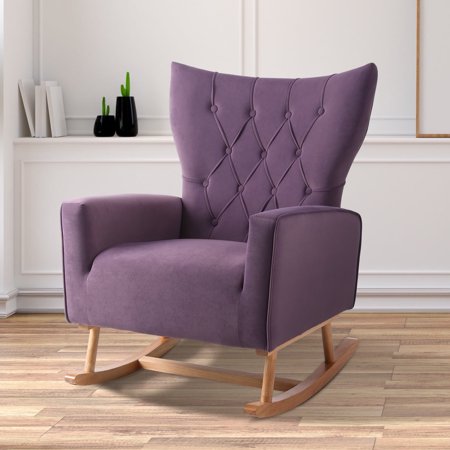 Ouyessir Nursery Rocking Chair Velvet Upholstered Glider Rocker Comfy Accent Chair with Solid Wood Base and High Backrest for Living Room Bedroom