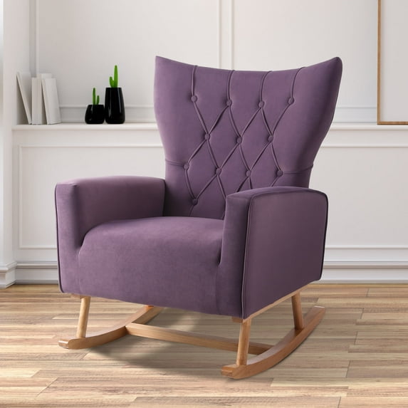 Ouyessir Nursery Rocking Chair Velvet Upholstered Glider Rocker Comfy Accent Chair with Solid Wood Base and High Backrest for Living Room Bedroom