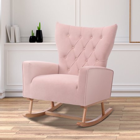Ouyessir Nursery Rocking Chair Velvet Upholstered Glider Rocker Comfy Accent Chair with Solid Wood Base and High Backrest for Living Room Bedroom