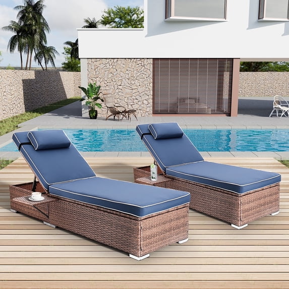 Wiilayok Outdoor Chaise Lounge Set of 2,Rattan Wicker Chaise Lounge with Adjustable Backrest, Outdoor Reclining Chairs for Garden Pool Backyard Deck,Dark Blue