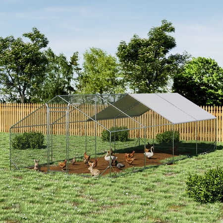 Ouyessir Outdoor Chicken Coop, Large Metal Walk-in Chicken Run Pen with Waterproof Cover Coat, Rabbit Habitat Flat Shaped Poultry Cage for Backyard Farm Use (25.6’L x 10’W x 6.56’H)
