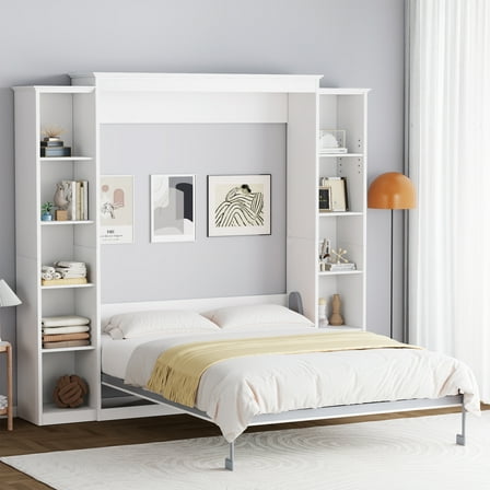 WIILAYOK Queen Size Murphy Bed Cabinet in White with 5-Tier Storage Shelves, Foldable Platform Bed Wall Cabinet Bedframe for Small Space, Bedroom, Guest Room