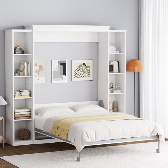 WIILAYOK Queen Size Murphy Bed Cabinet in White with 5-Tier Storage Shelves, Foldable Platform Bed Wall Cabinet Bedframe for Small Space, Bedroom, Guest Room