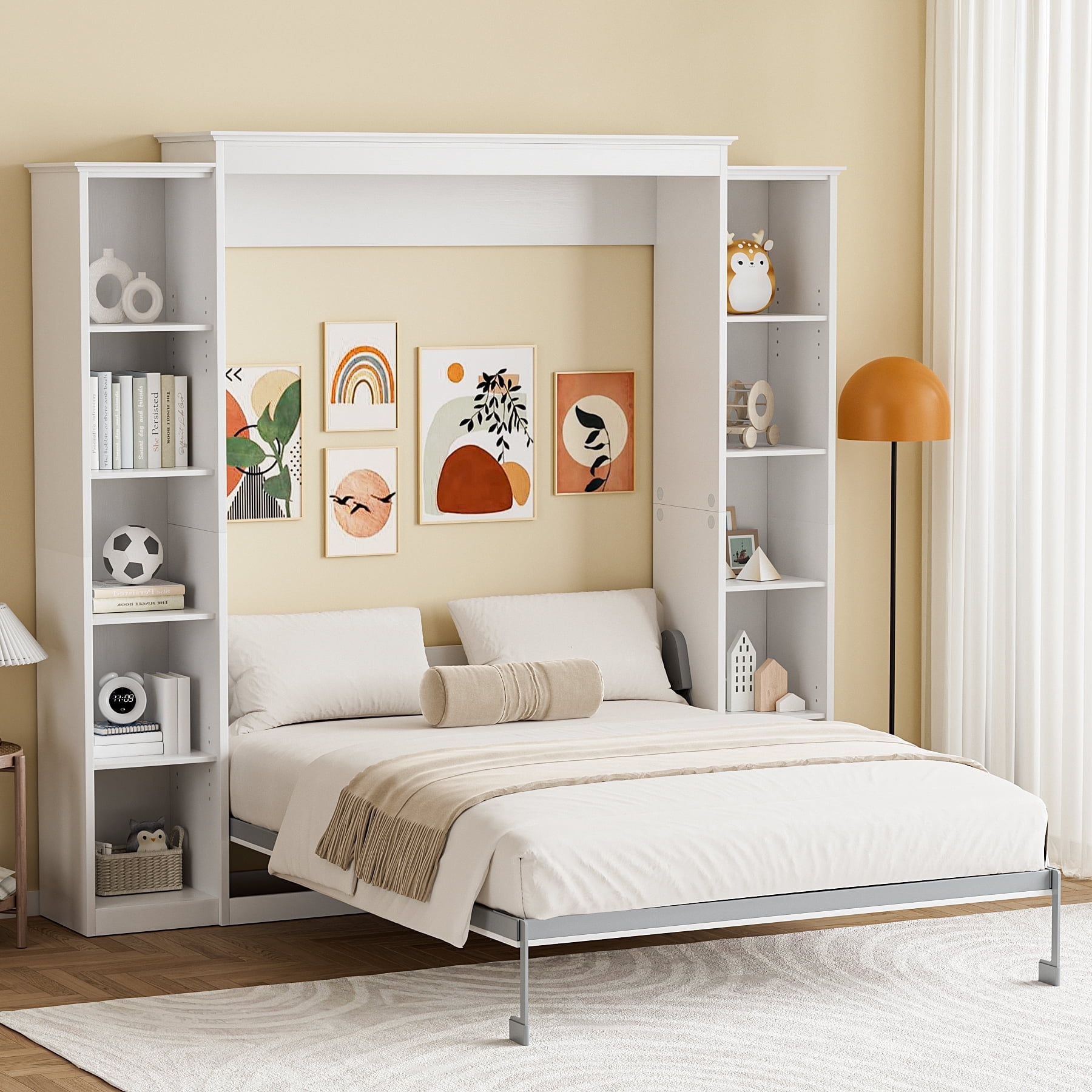 Ouyessir Queen Size Murphy Bed Cabinet with 5-Tier Storage Shelves ...