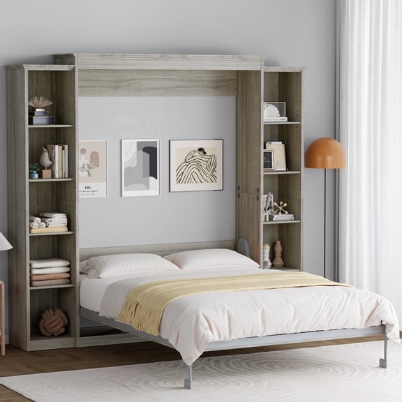 WIILAYOK Queen Size Murphy Bed Cabinet in Grey with 5-Tier Storage Shelves, Foldable Platform Bed Wall Cabinet Bedframe for Small Space, Bedroom, Guest Room