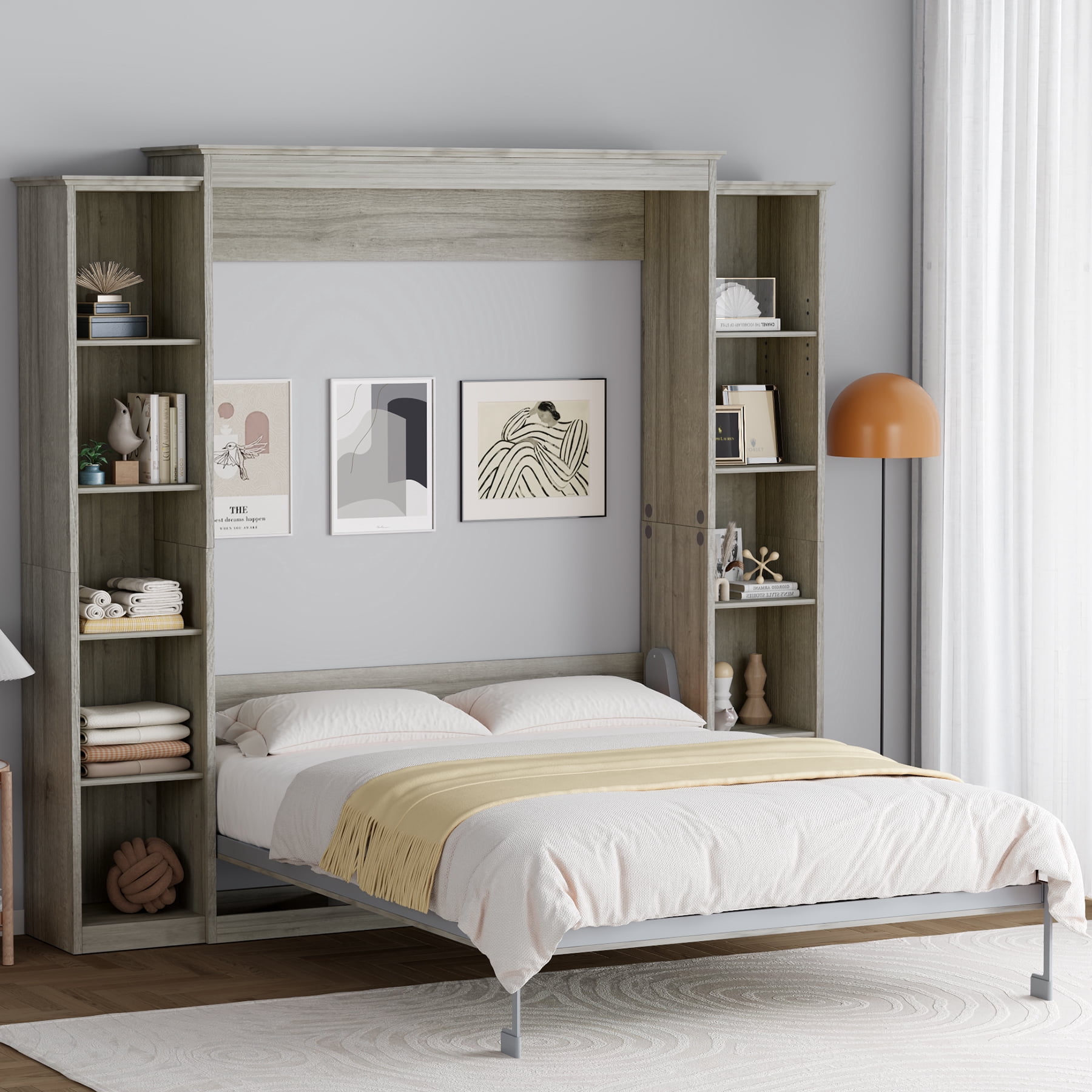 WIILAYOK Queen Size Murphy Bed Cabinet in Grey with 5-Tier Storage ...