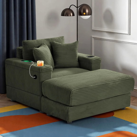 Wiilayok 54" Oversized Chaise Lounge Chair Indoor Furniture,Cloud Corduroy Sofa Bed Deep Seat Couch with Ottoman&Cup Holder,Lounge Chair Indoor for Living Room,Bedroom,Olive Green