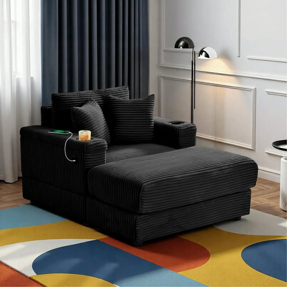 Wiilayok Oversized Lounge Chair Indoor,54" Corduroy Cloud Chaise Lounge Couch Indoor with Ottoman,Cup Holder for Living Room,Bedroom Black