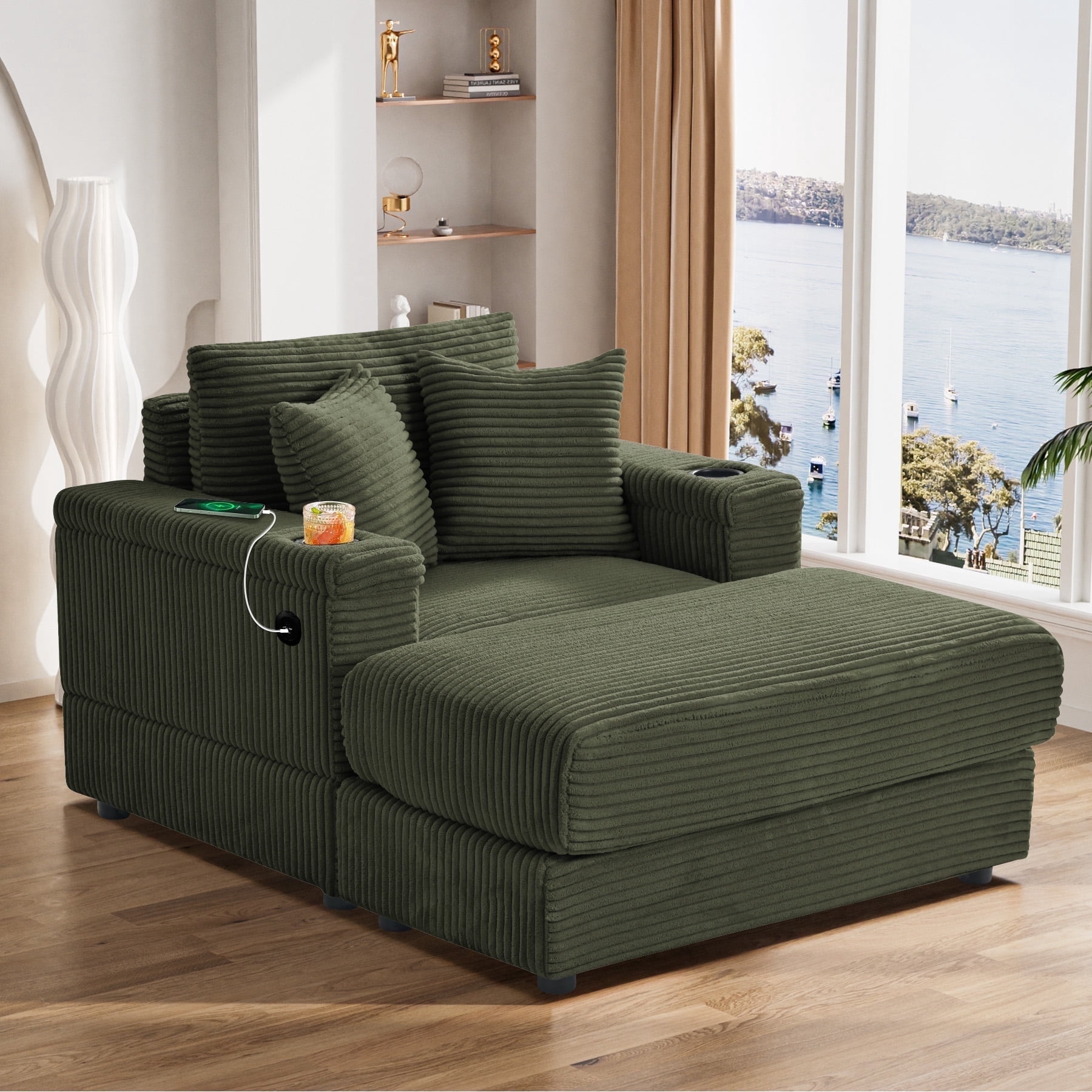 Merax Oversized Reclining Chaise Lounge Chair With Storage Ottoman, USB Ports & Cup Holders